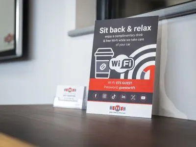 Free drinks and Wi-Fi sign at Eden Tyres & Servicing
